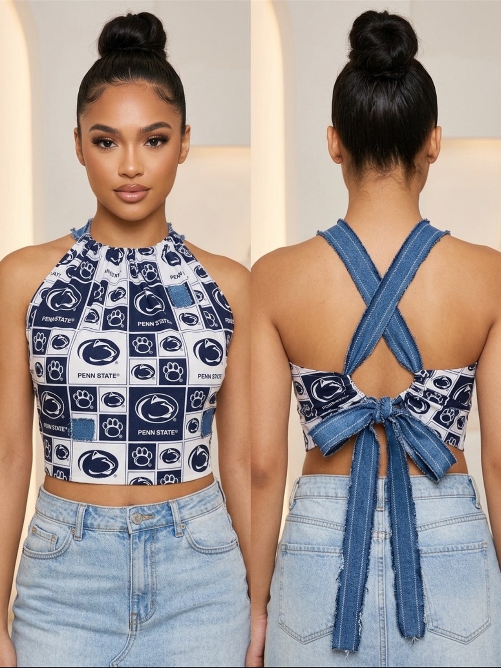 Handmade Penn State tie back halter crop top. Sz s.